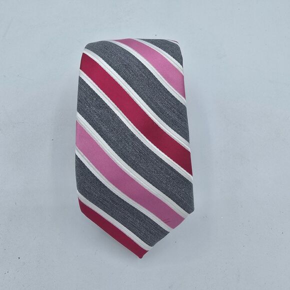 JF J. Ferrar Men's Polyester Tie Striped Necktie Pink And Grey 58 X 2.5 Inch - Picture 1 of 6